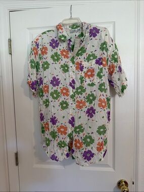 NWT Vivid Colors Floral Short-Sleeve Shirt - White with Green, Orange & Purple